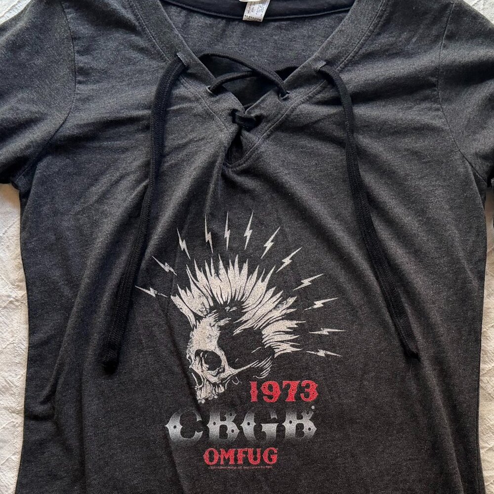 CBGB OMFUG 1973 Punk Rock Lace-Up Long Sleeve Top - Charcoal Grey - Size Small